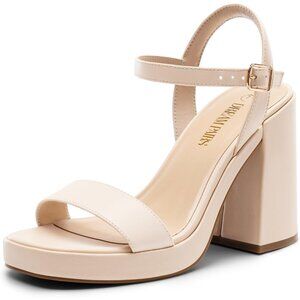 Women's Nude High Open Toe Chunky Ankle Strap Stylish Sandal Comfort Heel Shoe